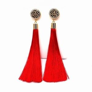 Crystal & Tassel Earrings Red Silk Fabric Drop